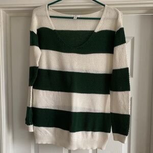 bp Green & White Striped V-Neck Sweater